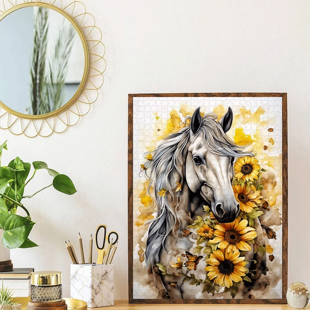Aquarel wit paard en zonnebloem puzzel volwassen kinderen intellectueel spel thuis vrije tijd decompressie artistiek puzzel speelgoed
