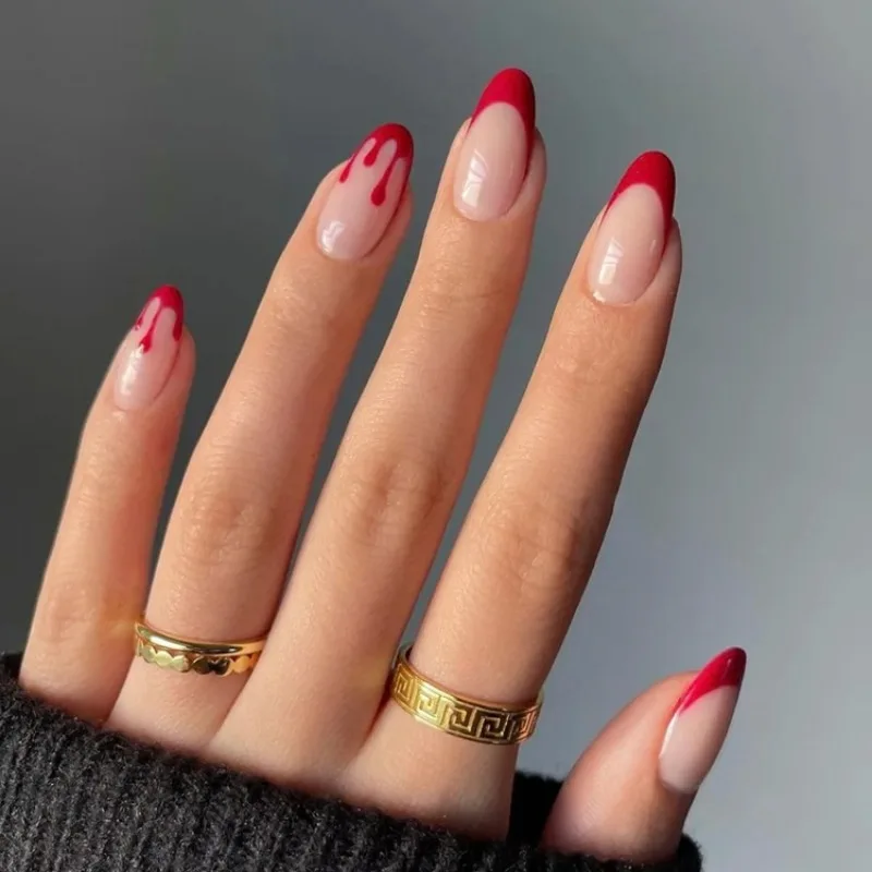 24pcs/set Red French Almond Press on Nails Love Pattern Fake Nails Simple False Nail Artificial Tips Накладные Ногти Uñas 네일팁