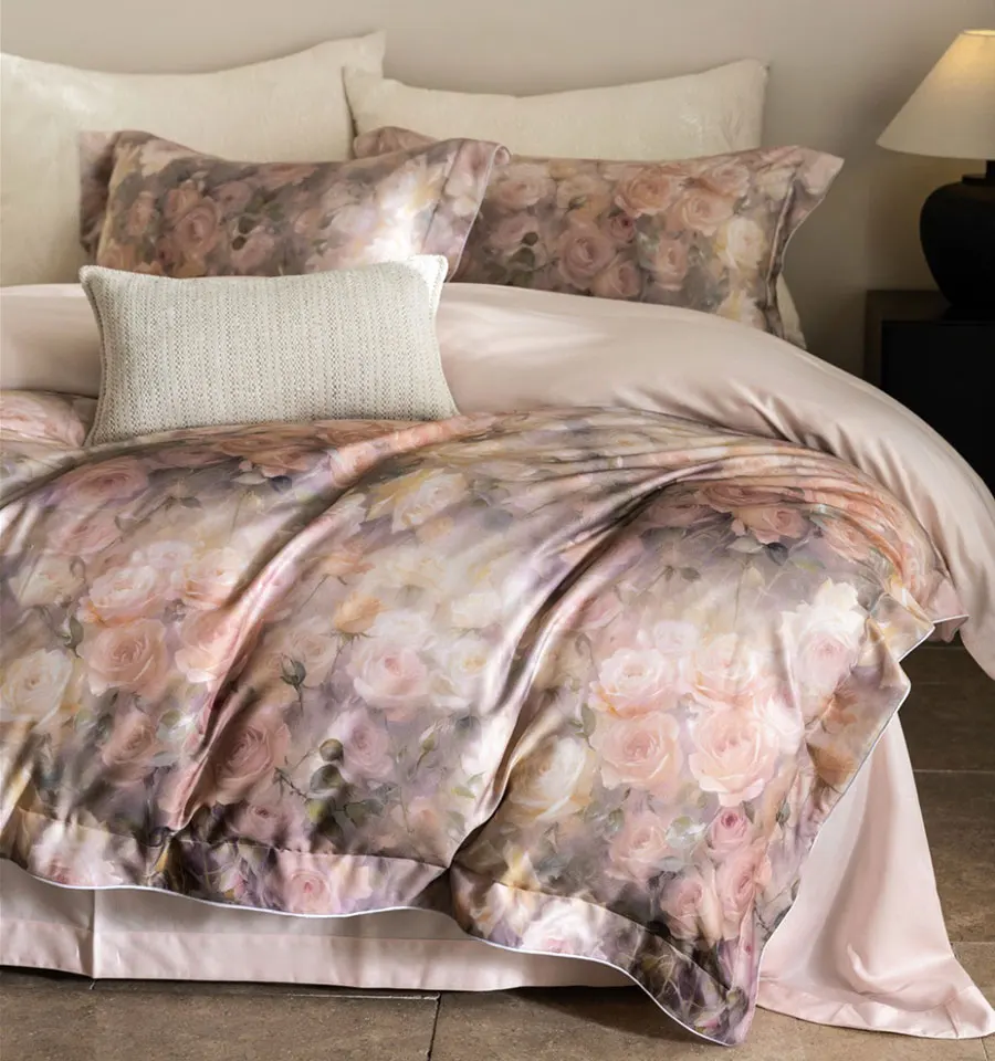 Elegant french flower champagne purple pink bedding set,full queen king warm sand home textile bed sheet pillow case duvet cover