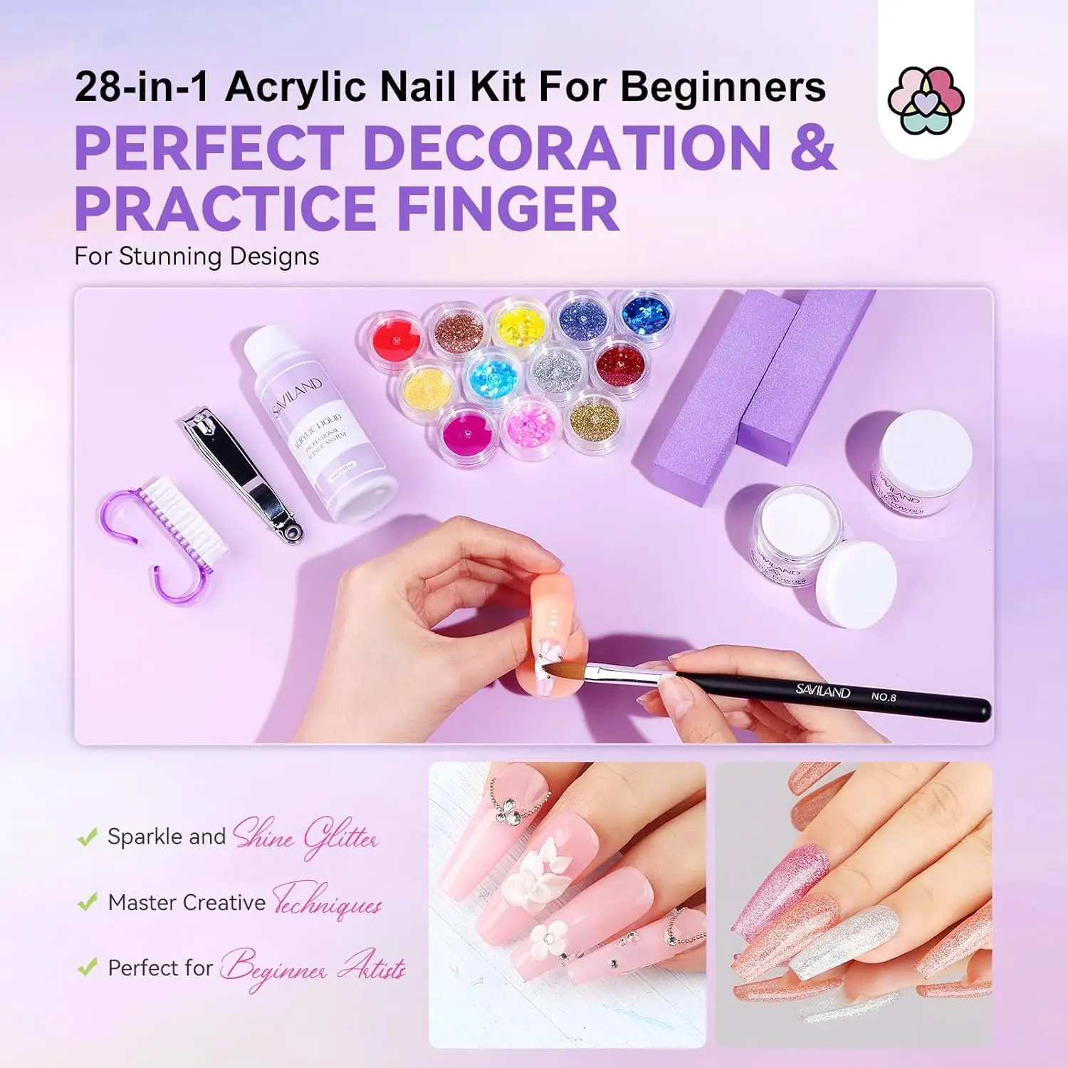 Kit complet d'ongles en acrylique avec perceuse pour débutants : comprend des poudres scintillantes, un ensemble de liquides et 100 embouts pour la manucure à domicile