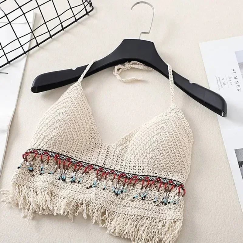 Sweet Tassel Tank Women Short Debardeur Summer Underwear Sexy Knitted Hollow Femme Out Top Beach Bra