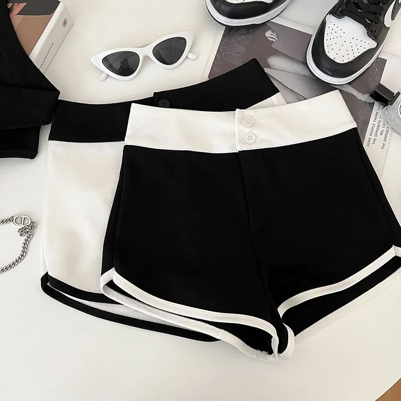 Women's Summer Color Contrasted High Waist Wide Leg Shorts Lady Casual Streetwear Two Buttons Short Pants