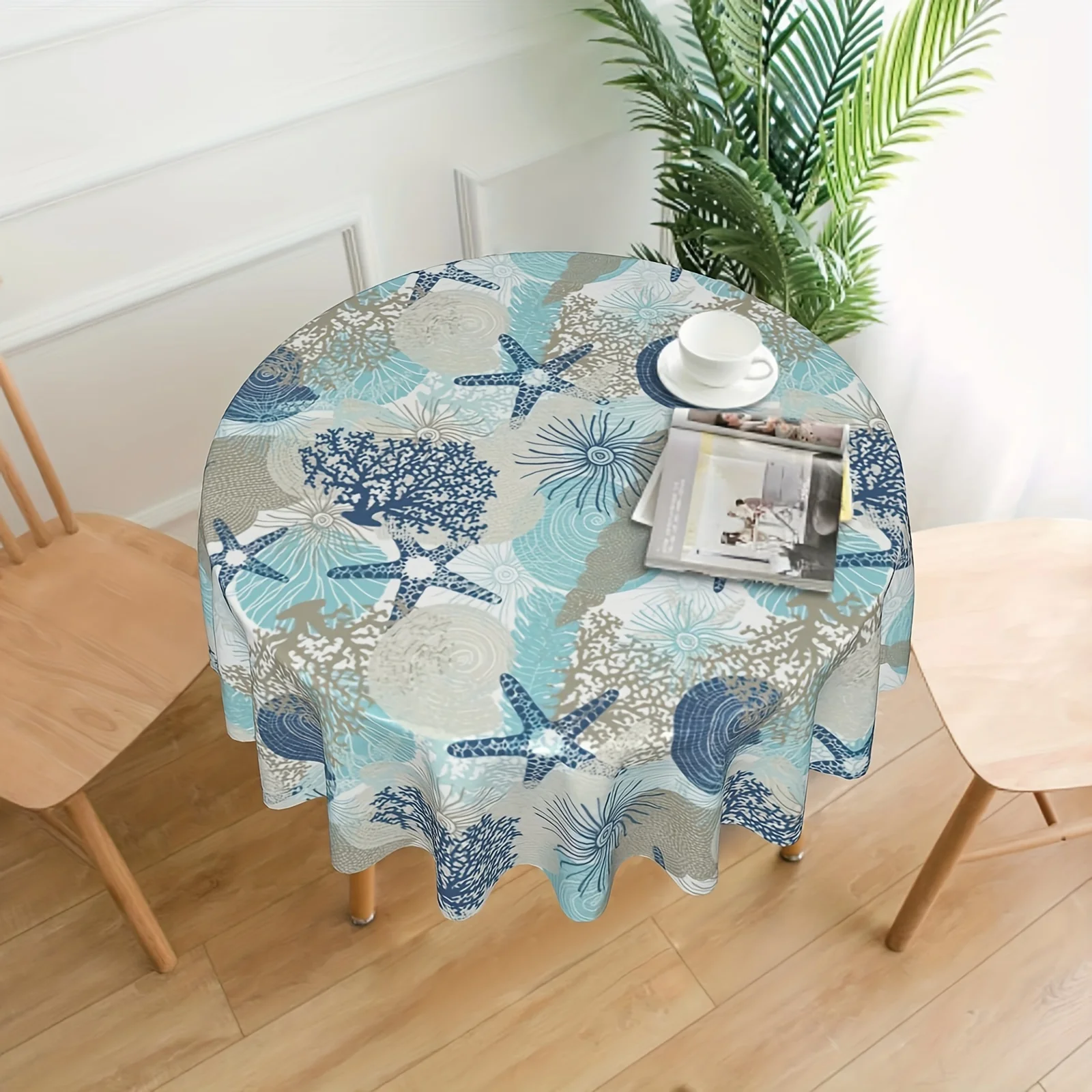 

Summer Coastal Tablecloth Round Waterproof Rustic Blue Sea Coral Starfish Shell Print Fabric Farmhouse Beach Coffee Picnic Mat