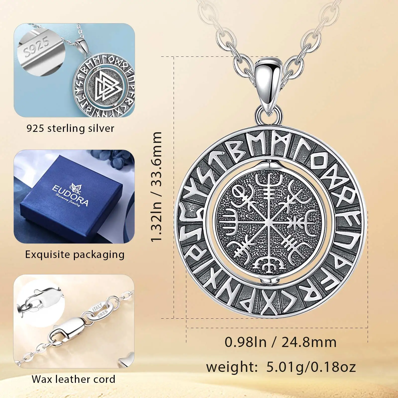 Eudora 925 Sterling Silver Viking Runes Pendant for Women Man Compass Norse Viking Amulet Necklace rotatable Personality Jewelry