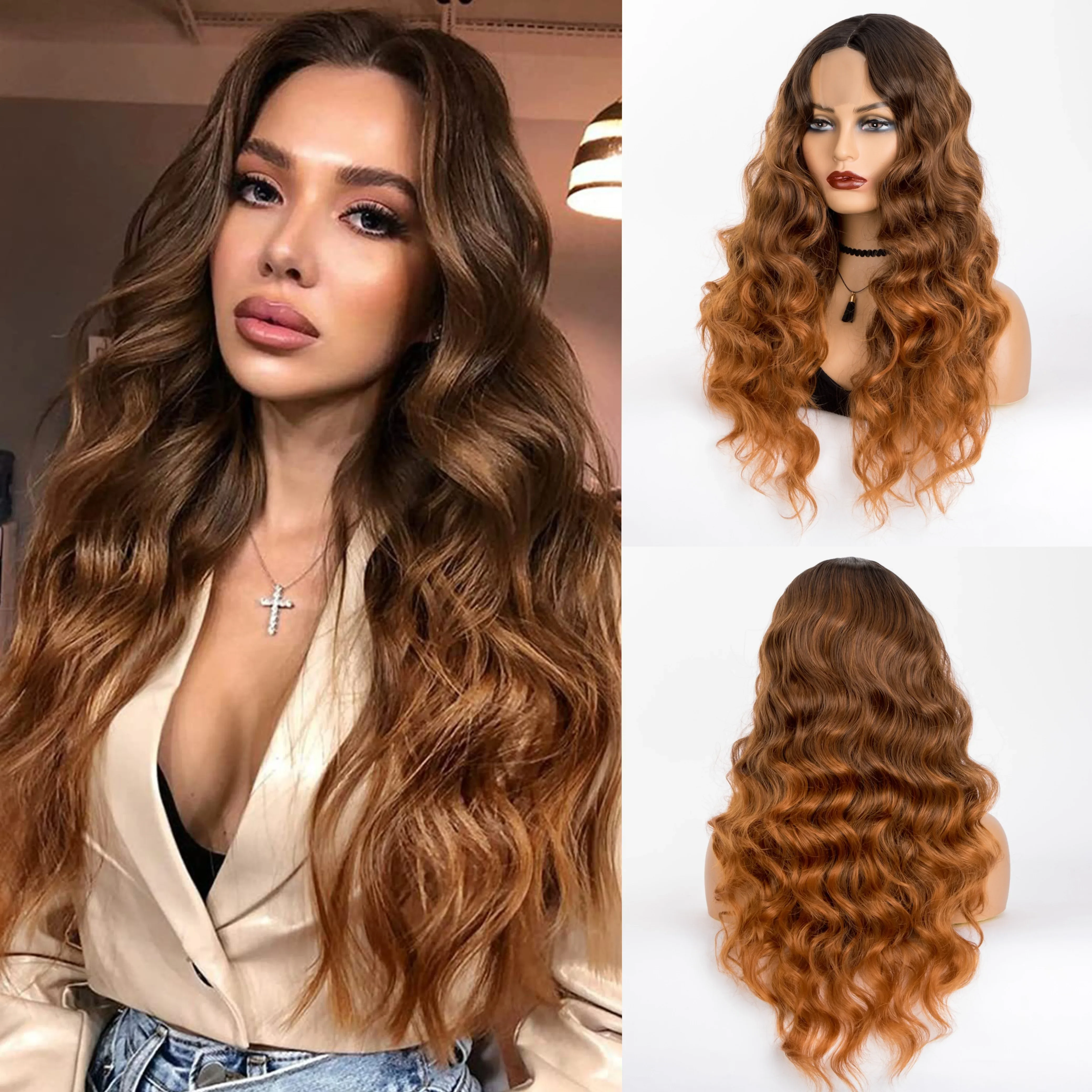 Light Brown Honey Blonde Long Synthetic Ombre Black Deep  T Part 4X1 Front Lace Water Wave Wigs Heat Resistant For Women