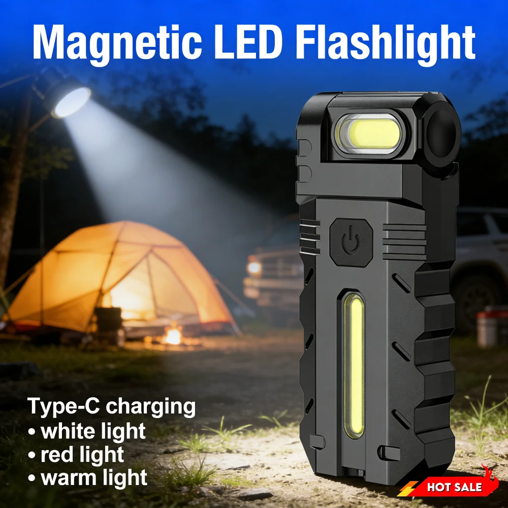 USB-Aufladbare Magnetische LED-Taschenlampe mit 180 Grad Drehbarem Kopf, EDC Tragbare Arbeitsleuchte für Outdoor und Notfälle