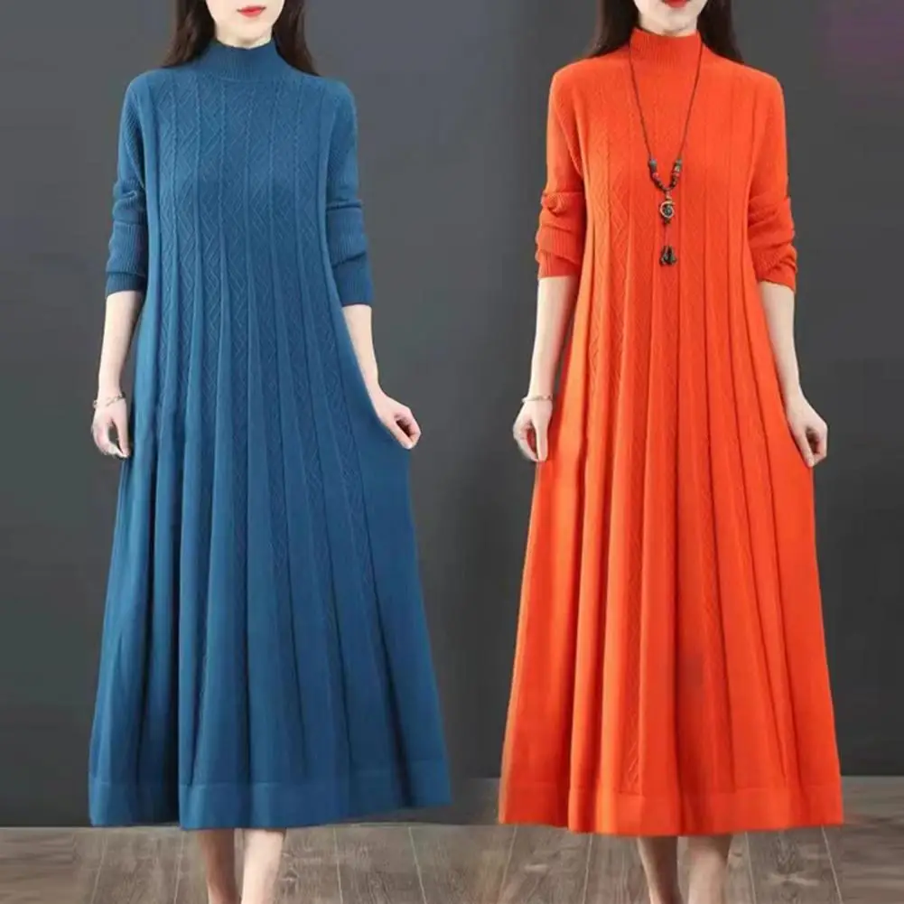 Loose Waistline Dress Solid Color Women Dress Warm Stylish Knitted A-line Midi Dress for Women High Collar Neck Protection Thick