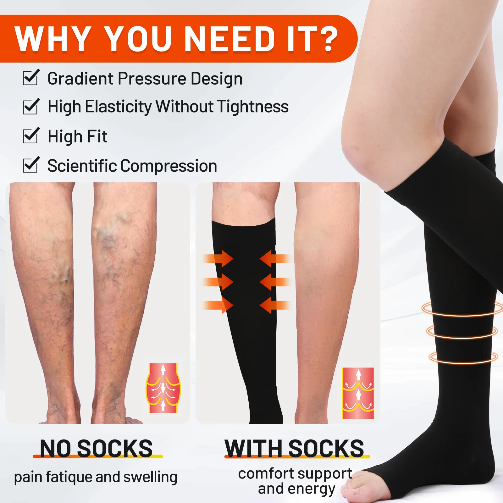 Cofoe Level 2 Toeless Compression stocking Medium compression socks Non-slip Knee-highs Prevent Swelling varicose veins