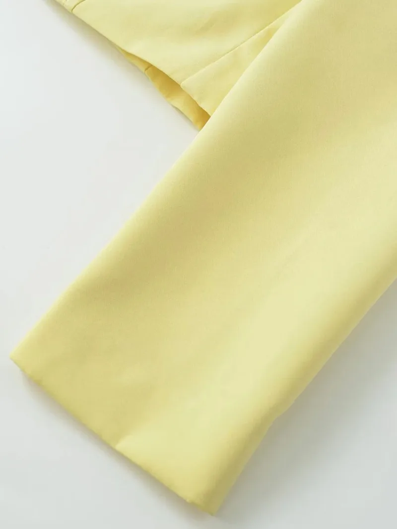 Moda outerwear feminino duplo breasted manteiga amarelo recortado blazer casaco manga longa chique gola de lapela superior