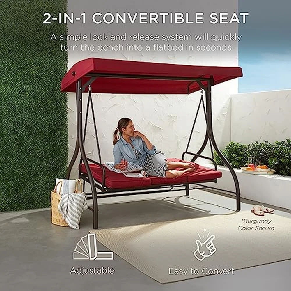 3 Seat Outdoor Large Converting Canopy Swing Glider Patio Hammock Lounge Chair for Porch Backyard w/Flatbed Adjustable
