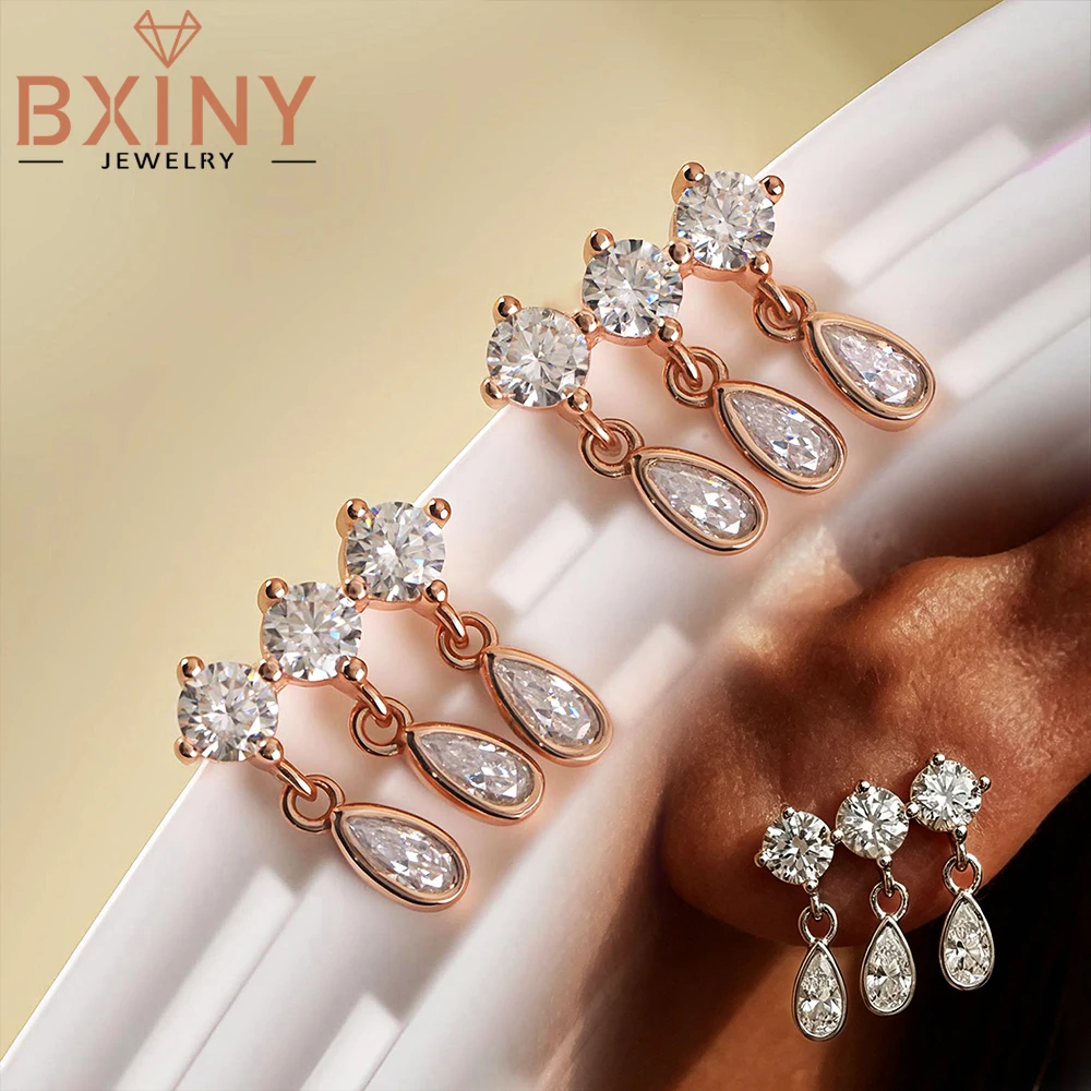 BXINY WaterDrop All Moissanite Earrings Pure S925 Silver Bezel Set Diamond Pendant Tassel Ear Studs for Women Gift Daily Jewelry