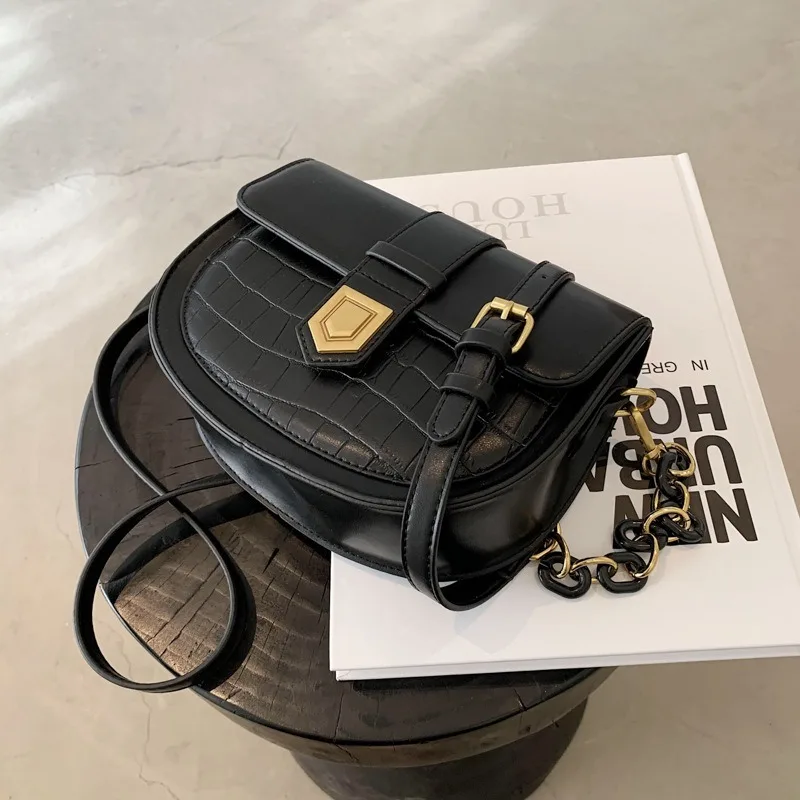 2024 New Chain Design Women's Crossbody Bag Fashion Stone Pattern Half Round Saddle Bag PU Leather Shoulder Bag Women's Handbag