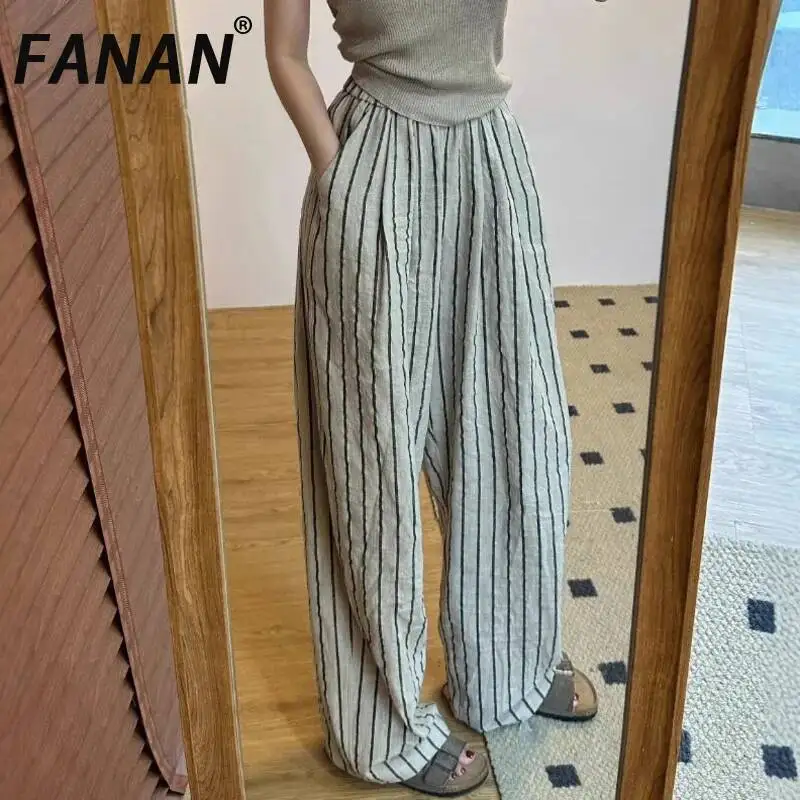 FANAN Vintage Striped Contrast Color Linen Pants For Women Elastic High Waist Loose Trousers Sunscreen Clothing Summer New