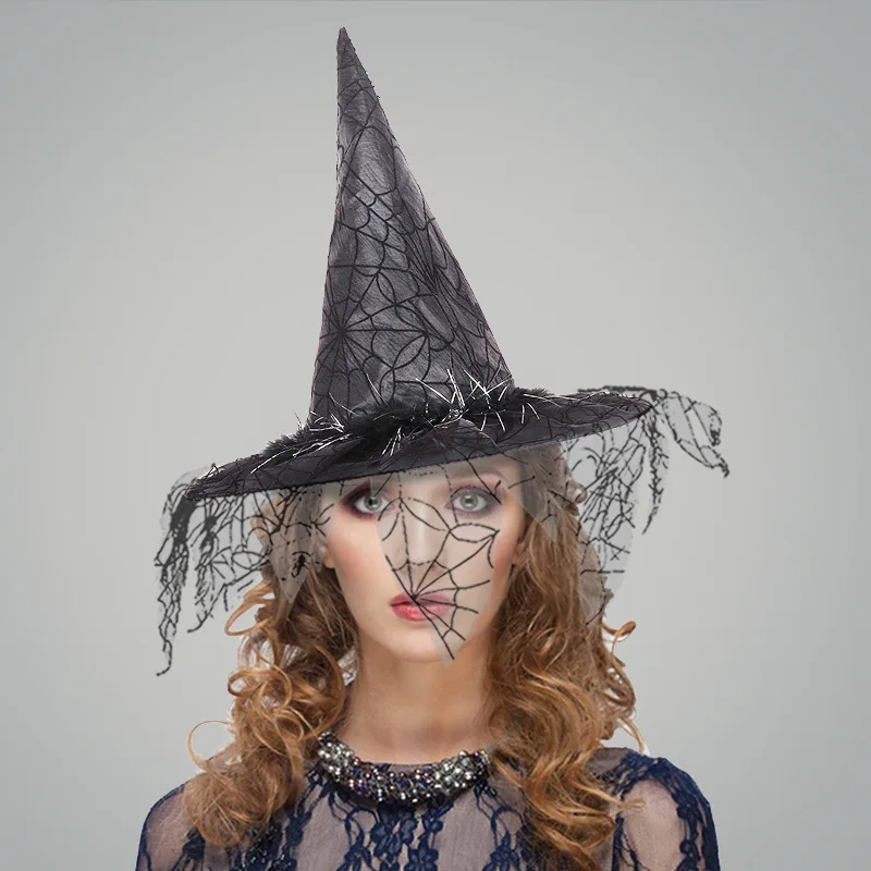 Halloween Witch Hat Mesh Spider Web Magic Witch Hat Party Decoration Props Ghost Festival Costume Accessories Halloween Headwear