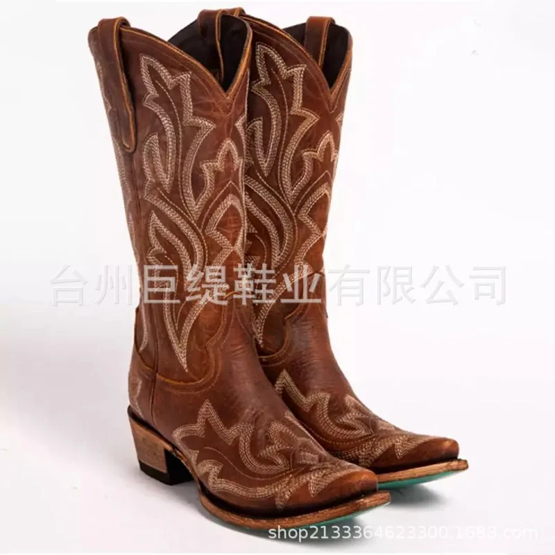 Ladies Boot Classic Embroidered Western Cowboy Boots Women Leather Cowgirl Boots Low Heel Shoes Knee High Woman Boots