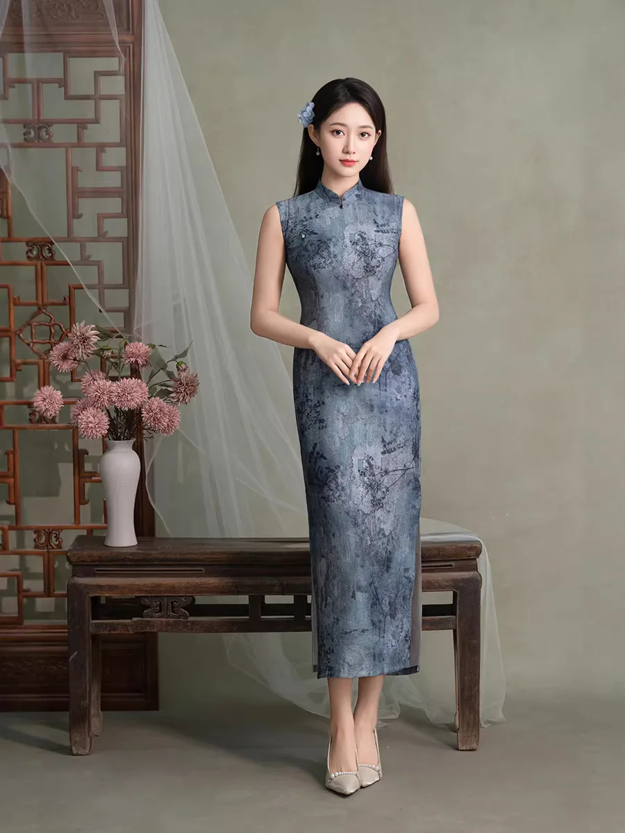 

Синее длинное безрукавное ципао в национальном китайском стиле, новое, молодежное, ретро, приталенное, для весны и осени, повседневное