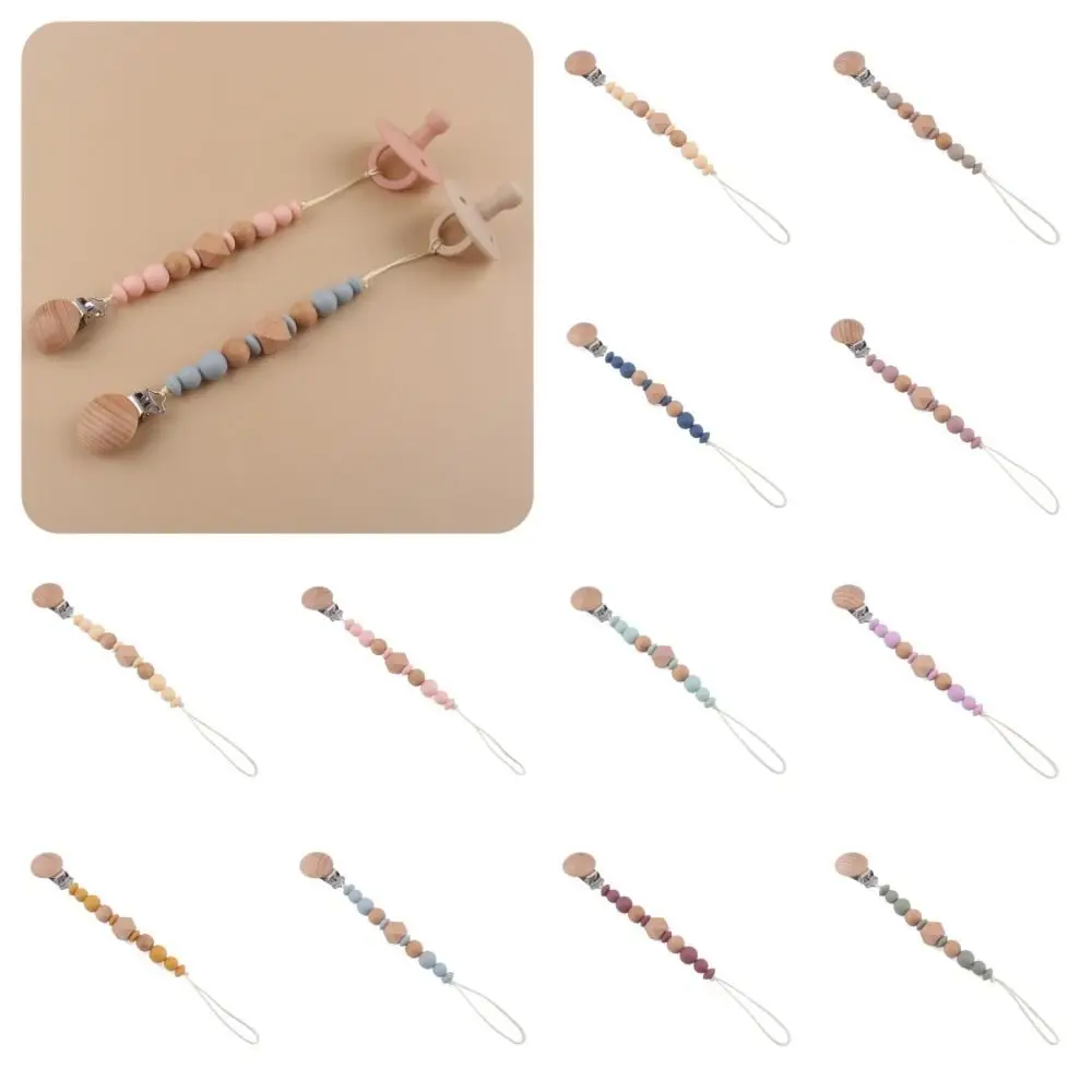 Dummy Clips Pacifier Holder Clips Octagonal Space Beads Soother Holder Baby Pacifier Chain Wood Nipple Holder Clips
