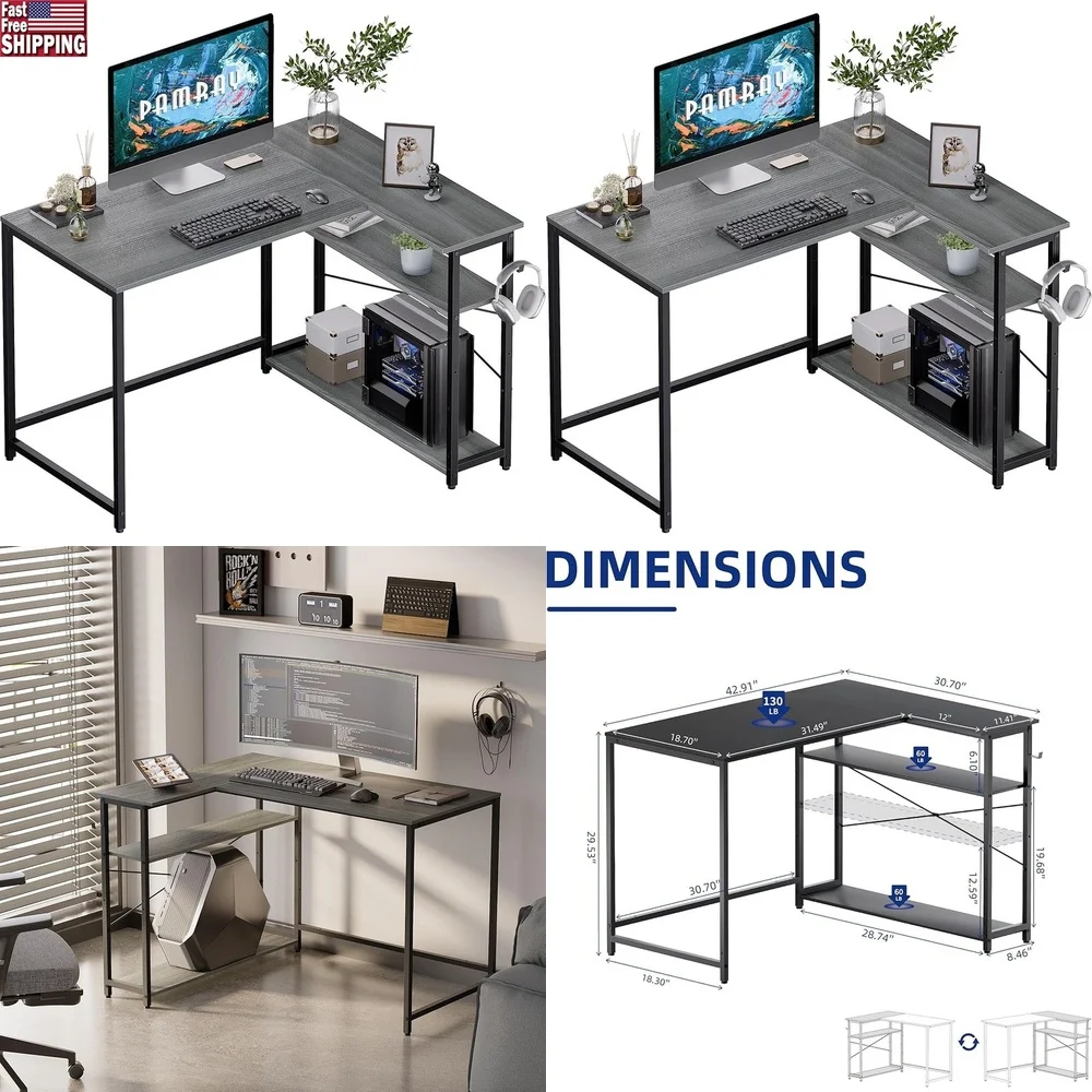 مكاتب كمبيوتر على شكل حرف L مع أرفف قابلة للتعديل، تصميم متين لألعاب المكاتب المنزلية ومساحة الدراسة