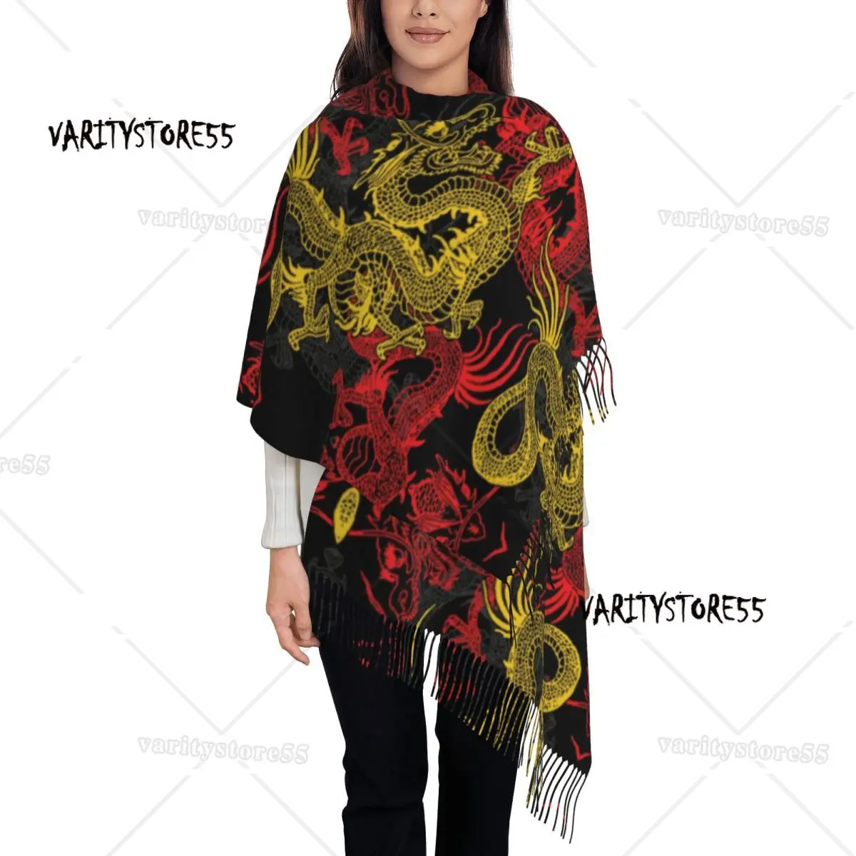 Custom Golden Chinese Dragon Pattern Tassel Scarf Women Soft Oriental Mythical Shawl Wrap Lady Winter Scarves