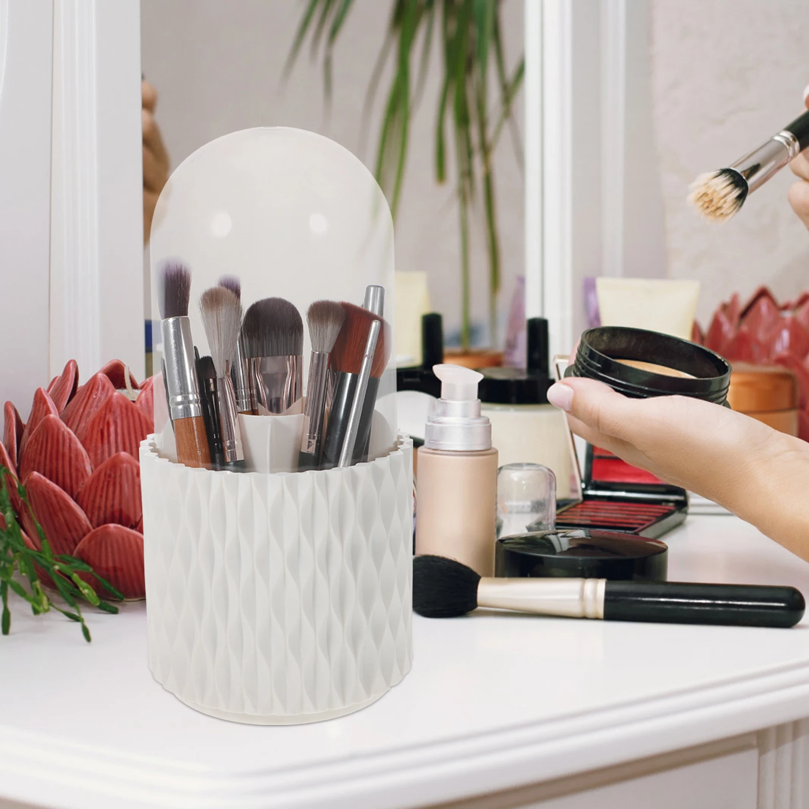 

Makeup Brush Holder Rotatable Organizer With Lid Desk Storage Cup Brush Container Stand Bucket Tabletop Holder