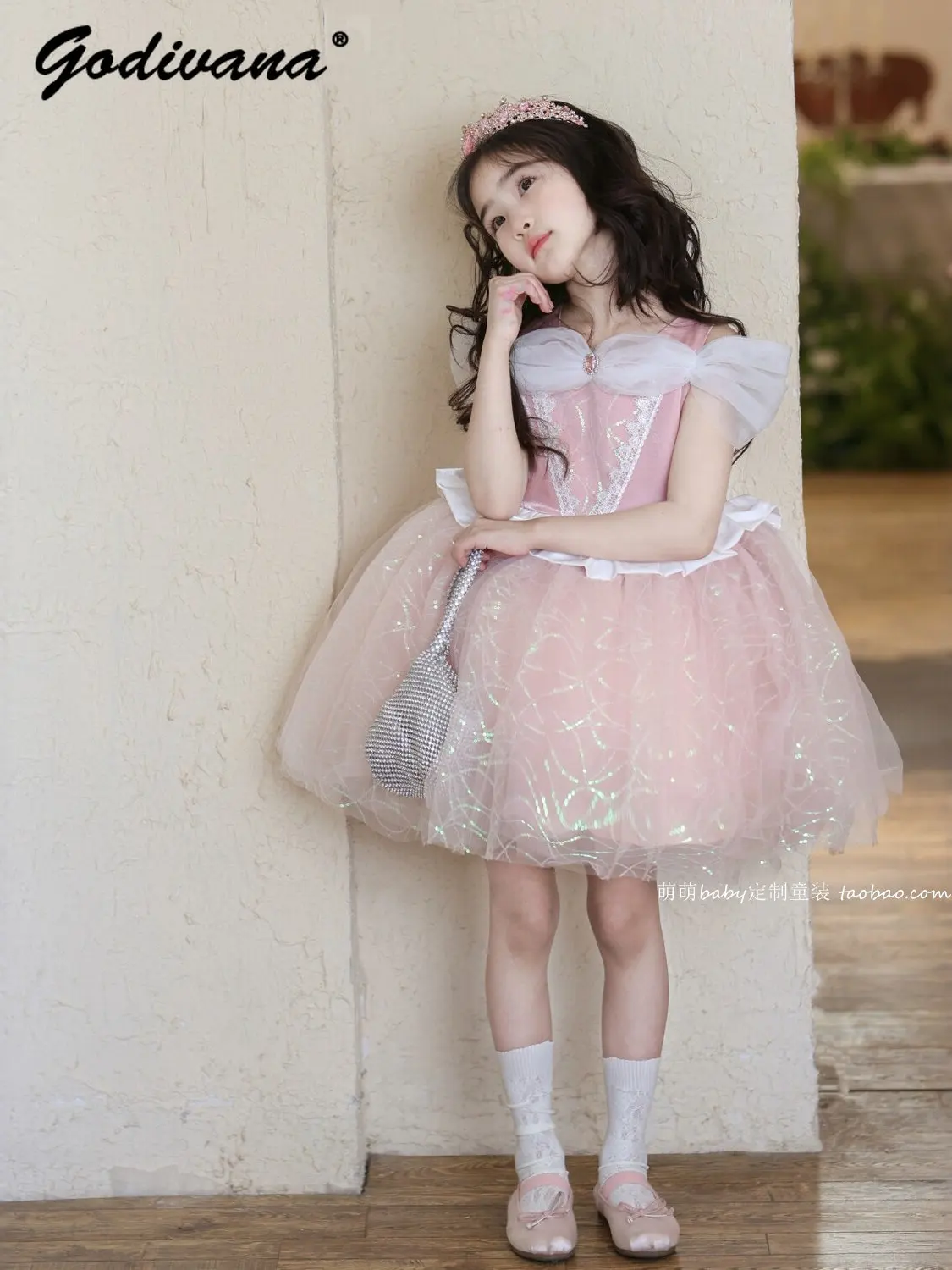 Baby Girls Pink Sequined Princess Dress 2026 Summer New Childrens Fashion Fluffy Skirt Off Shoulder Birthday Party Ball Gown