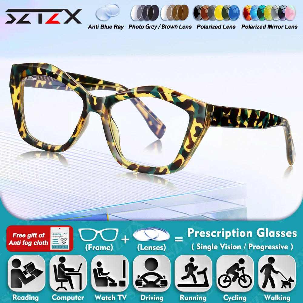 

SZTZX Currents Polygonal Photochromic Prescription Myopia Optical Glasses Blue Light Filter Progressive Reading Eyeglasses Women
