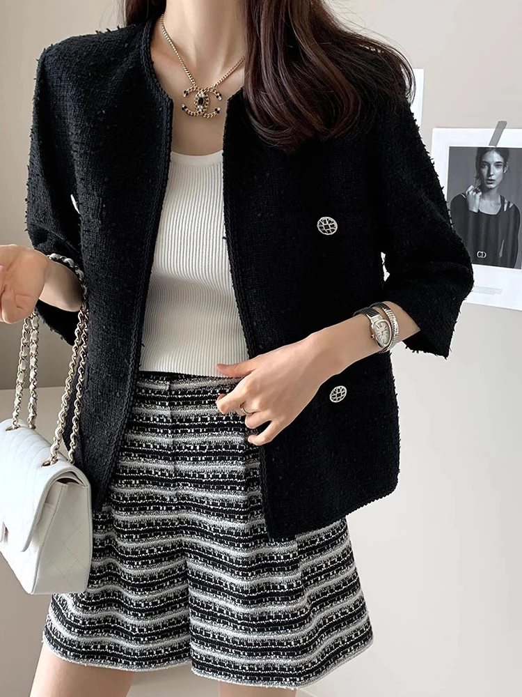 Clothland Women Vintage Tweed White Black Jacket Open Stitch Long Sleeve Coat Casual Retro Top Mujer CB091