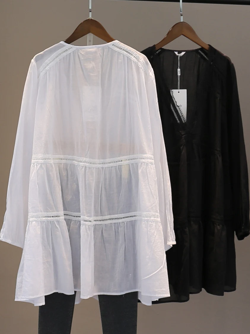 plus Size Loose Long Sleeve V-Neck T-Shirt Women Summer 2025 Breathable Lightweight Sun Protection Pure Color Commute Style