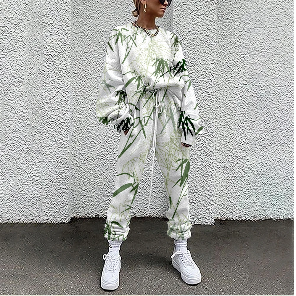 Women Tracksuit Bamboo Print 2 Piece Outfit Sweatshirt+Straight Sweatpants Matching Set Fitness Sporty Streetwear