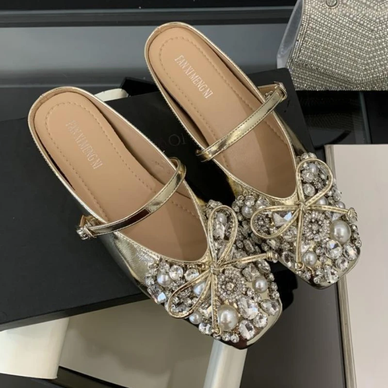 

Роскошные шлепанцы на плоской подошве со стразами, женские сандалии с квадратным носком и узлом-бабочкой, модные туфли-лодочки, дизайнерские брендовые тапочки с кристаллами, женские