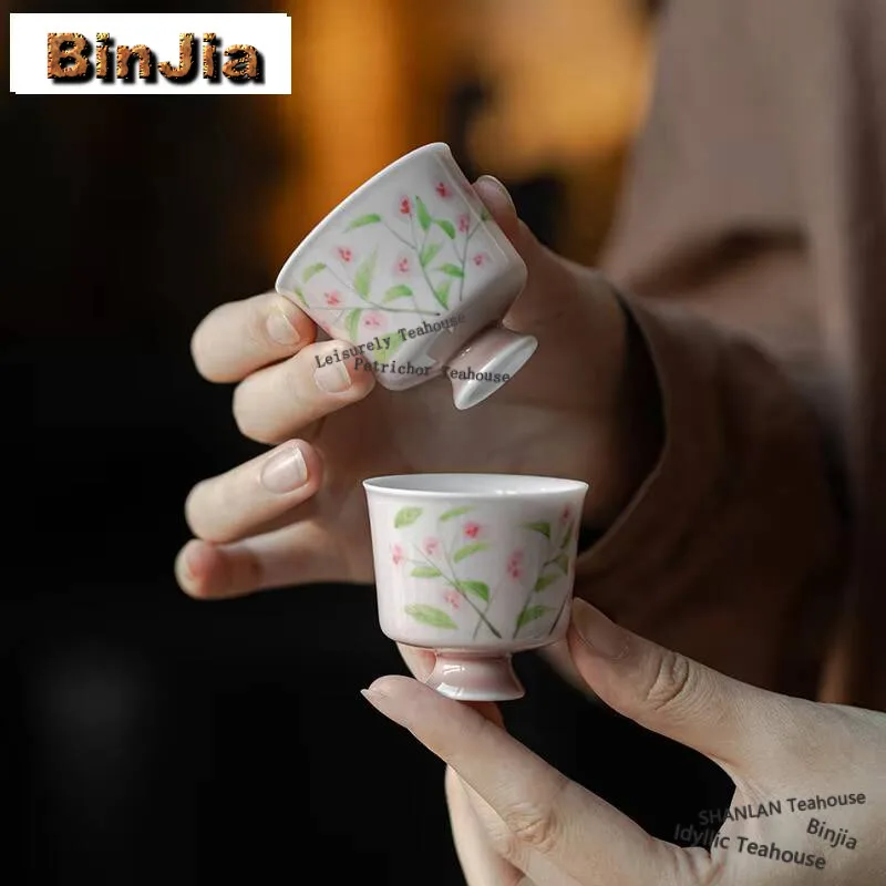 

2pc/lot Hand-painted Flower And Grass Tea Cup Zen Ceramic High-feet Master Cup Small Tasting Mug Aesthetic Cute Cup Teaset 35ml