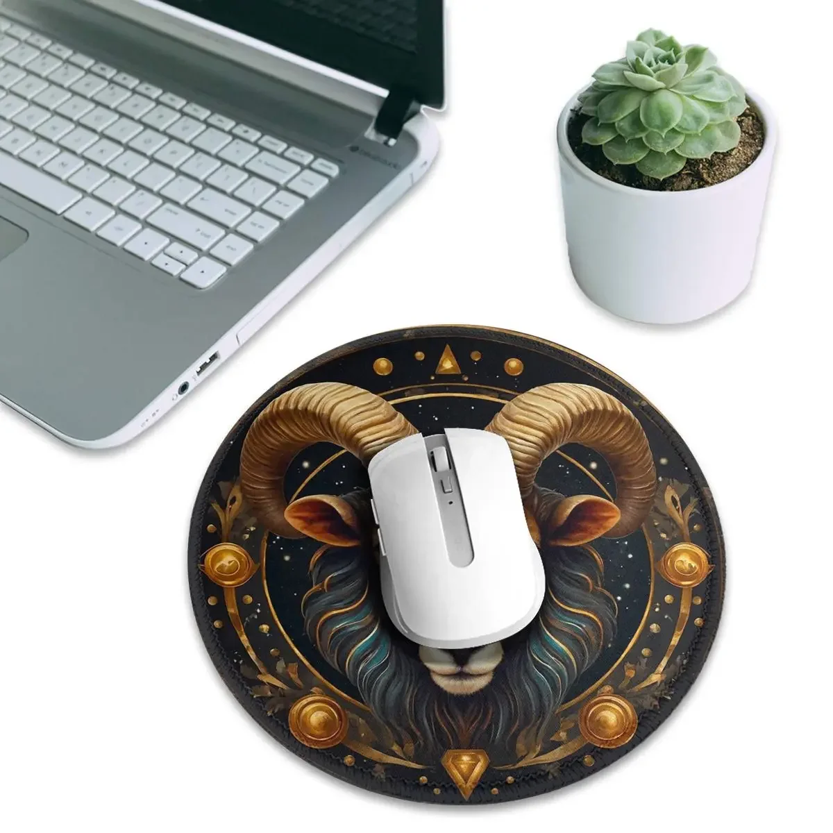 Aries Zodiac Celestial Goat And Ram Horns Print Round Mouse Pad Computer Keyboard Mouse Mat Gamer Laptop Desk Mat