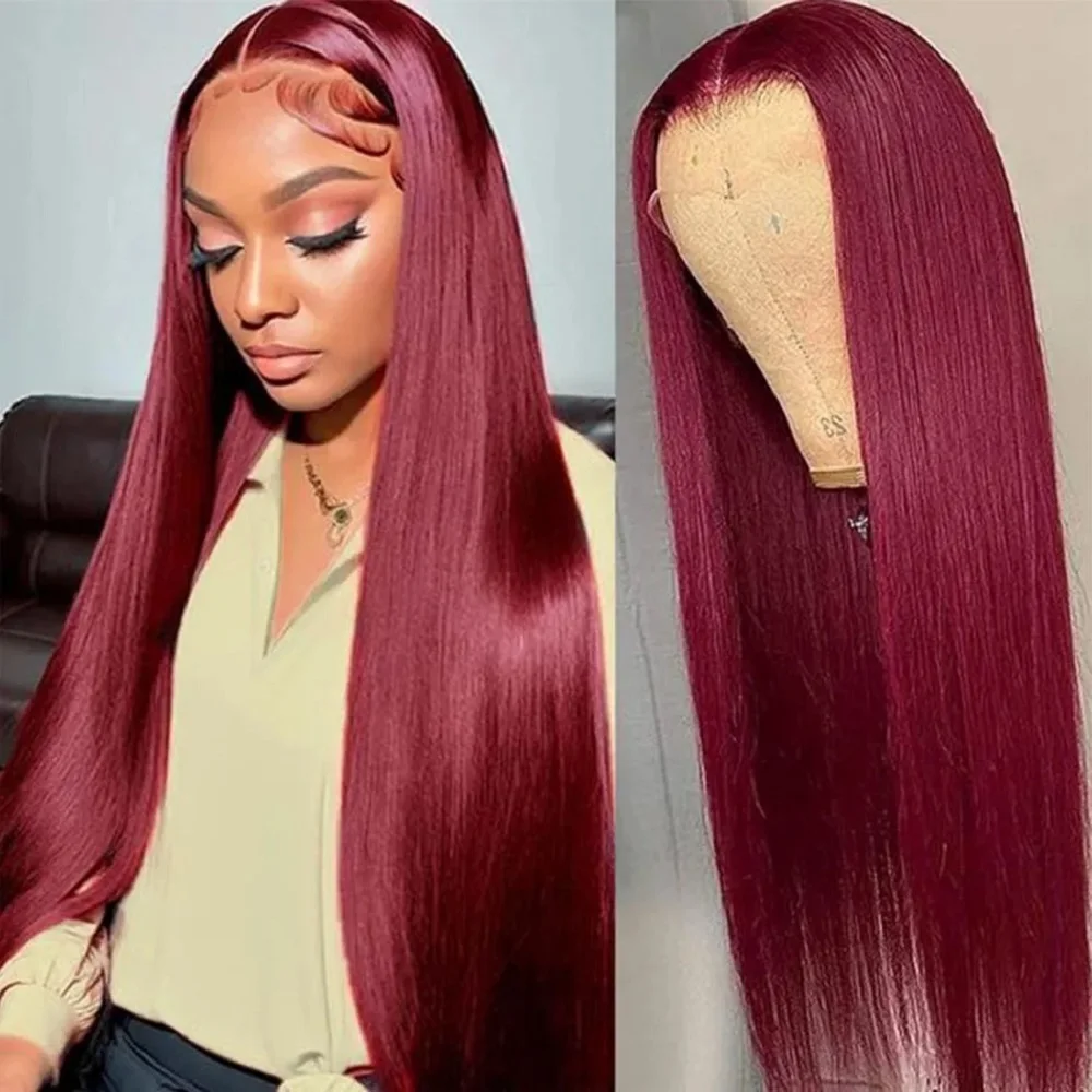 

99J Burgundy Lace Front Wig Red Colored Straight Human Hair 200 Density 13x4 13x6 HD Transparent Lace Frontal Wigs 40 42 Inch