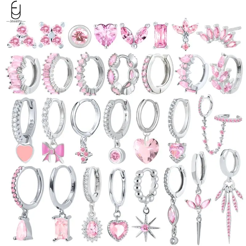 925 Sterling Silver Needle Pink Zircon Silver Earrings for Women Luxury Pink Heart/Flower Pendant Hoop Earrings Fashion Jewelry
