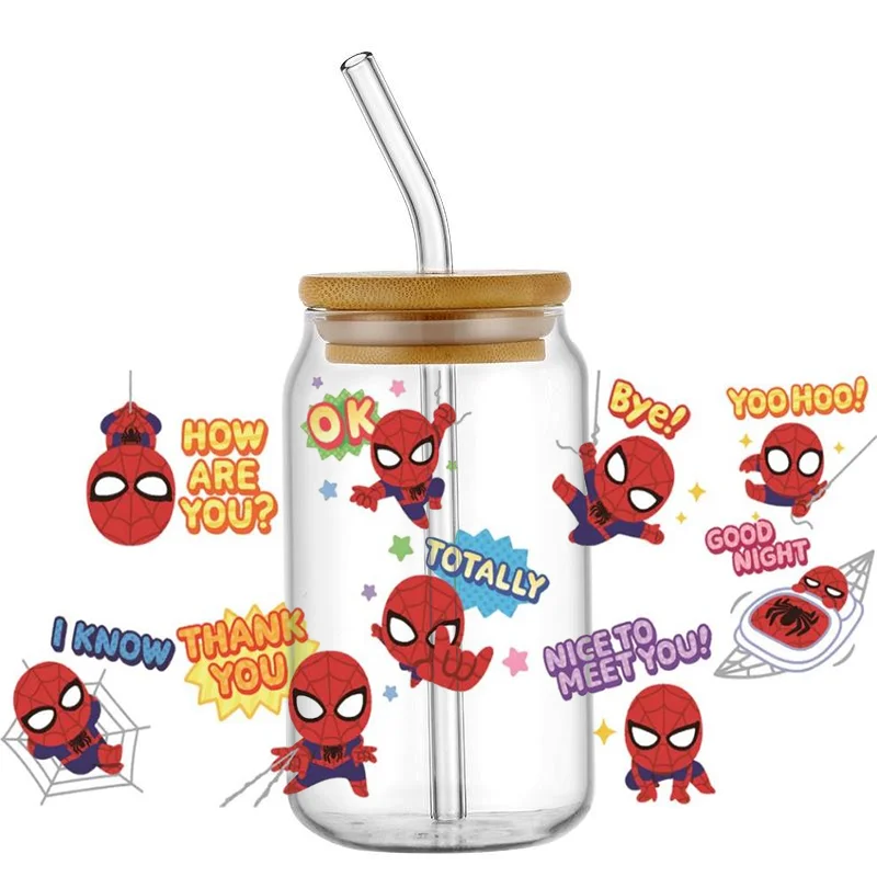 3D Cartoon Spiderman UV DTF CUP Wraps Transfer Stickers Selfadhesive Waterproof Decals For 16OZ libbey Can