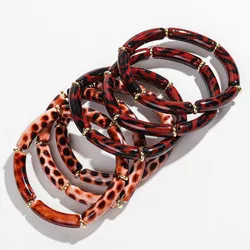 3pcs Leopard Acrylic Thin Bamboo Tube Bracelets for Women Man Retro Stretchy Resin Beads Stack Bracelet Bangles Jewelry Set Gift
