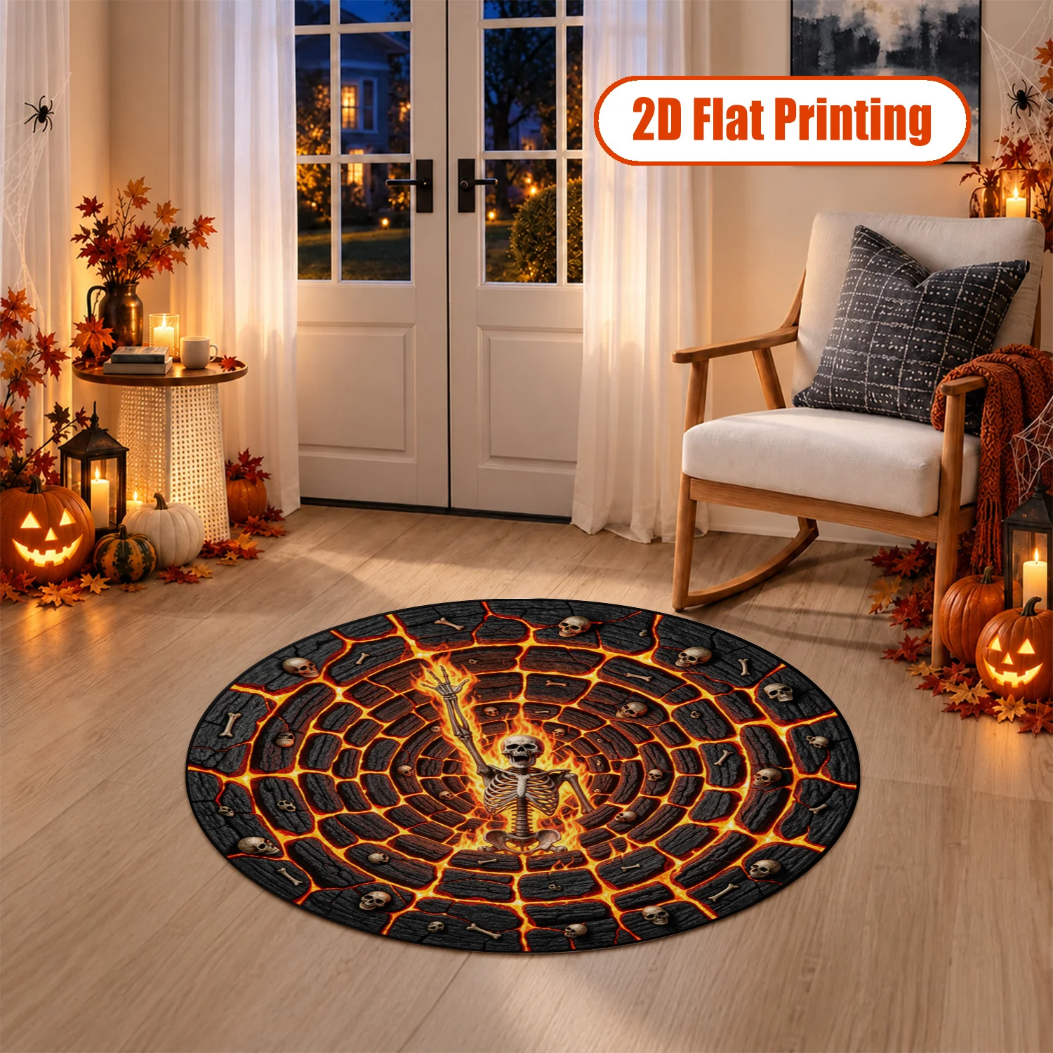 Hell Skeleton Lava Design Round Velvet Rug Machine Washable for Living Room Bedroom Entryway Halloween Thanksgiving Black Friday Cyber Monday Christmas New Year
