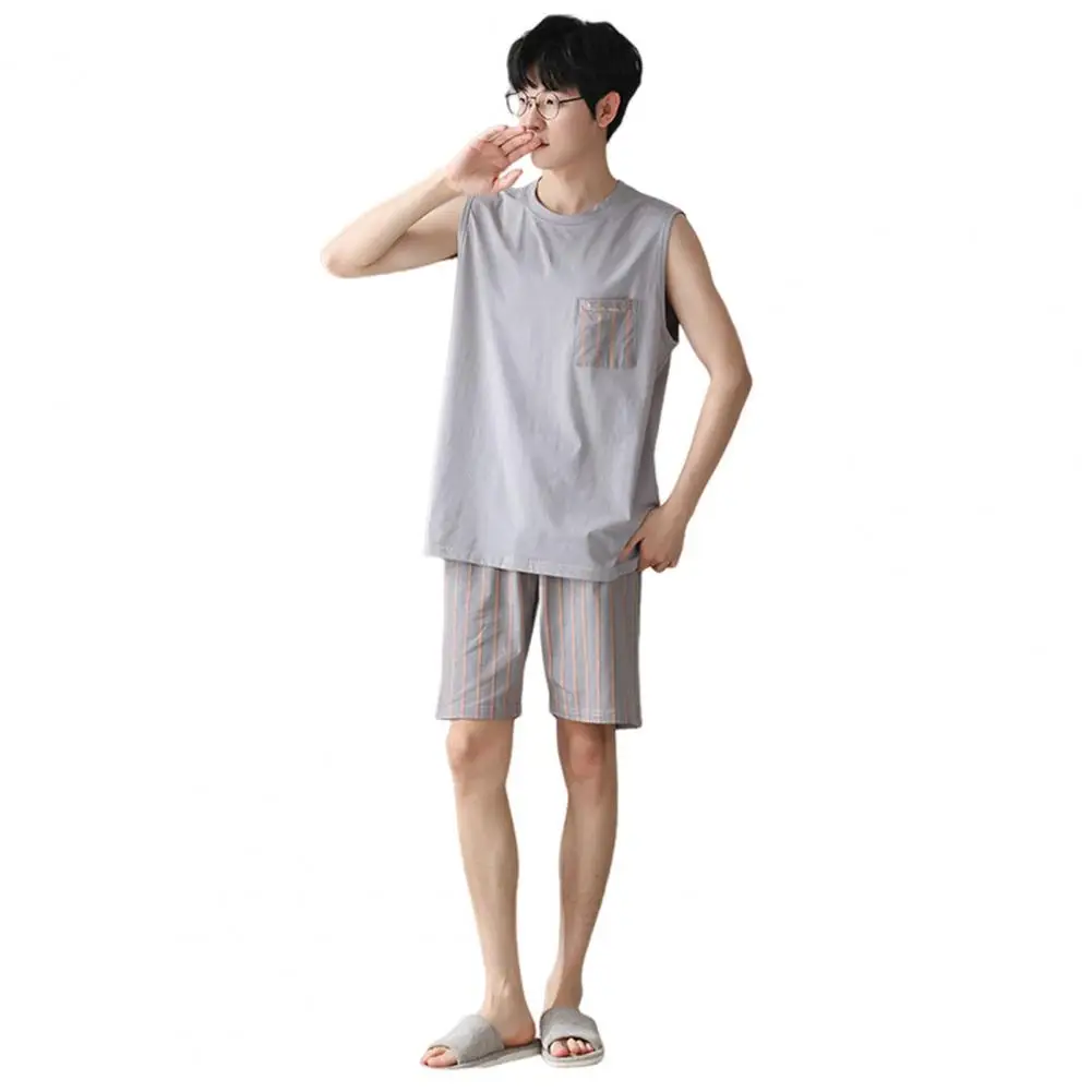 Soft Pajama Set Men's Sleeveless Pajama Set with Round Neck Loose Fit Soft Breathable Fabric Two-piece Sleepwear for Comfort