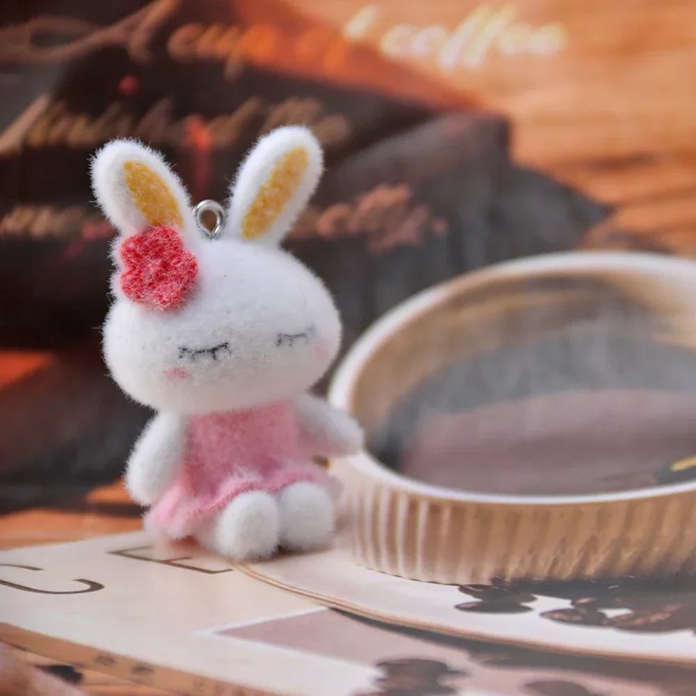 10Pcs 3D Cartoon Flocking Resin Rabbit Charms Plush Animal Pendant For Phone Bag Keychain Earring DIY Crafts Jewelry Make