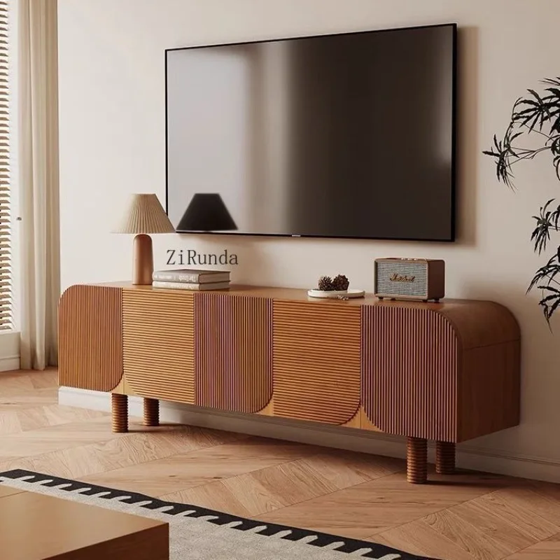 Grooved rib style living room furniture modern natural wood curved buffet large capacity home apartment sideboard