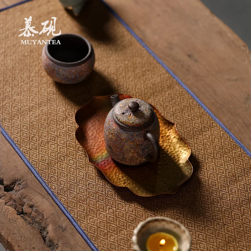 Mutaow Japanese-Style Hammered Hand-Crafted Copper Dry Kung Fu Set, Pu'er Serving Tea Tray, Teapot Stand