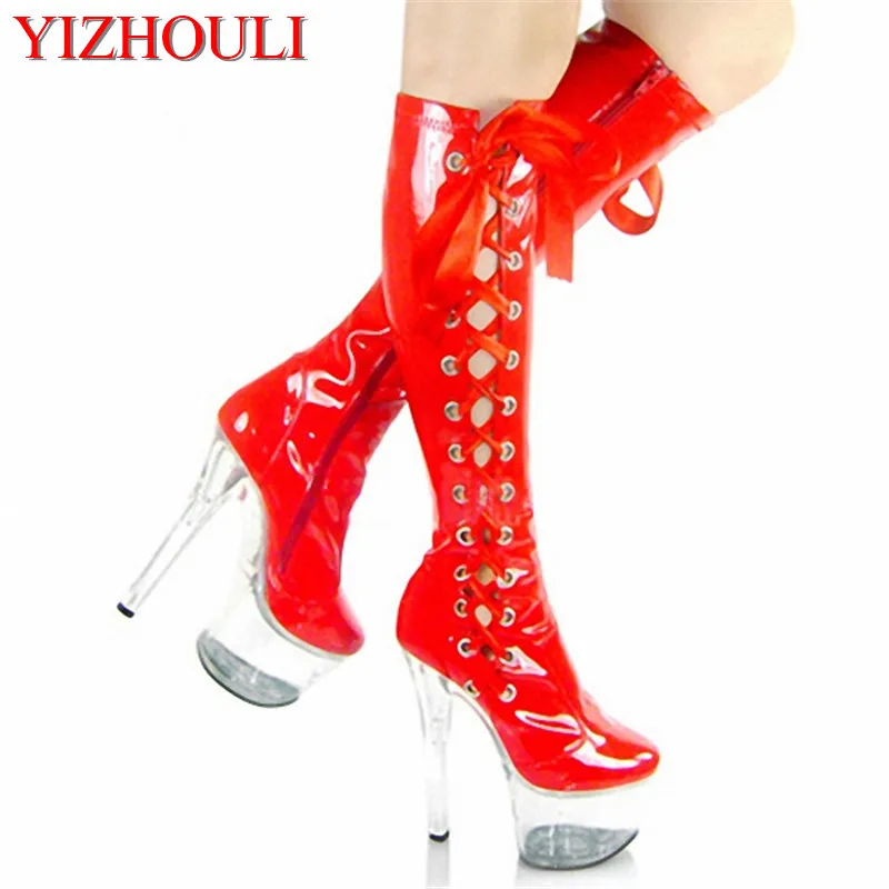 

Red Lacing sexy bride crystal boots 15cm high-heeled shoes steel pipe dance shoes sexy clubbing 6 inch high dance shoes