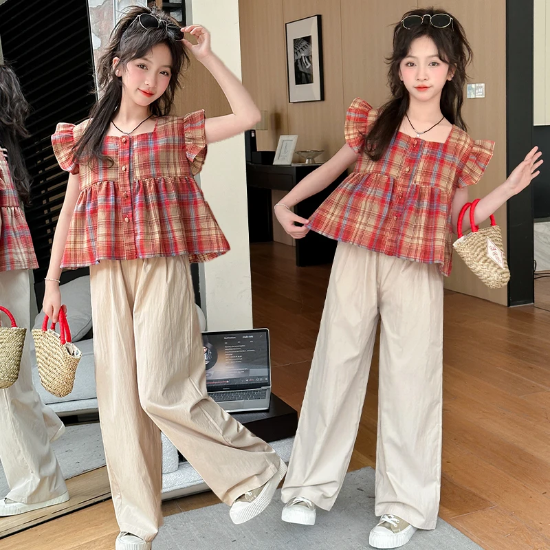 

Girls Clothing Sets Summer Fashion Children Loose Short Sleeve Plaid T-shirts + Wide Leg Pants Two-piece Set Children Clothing