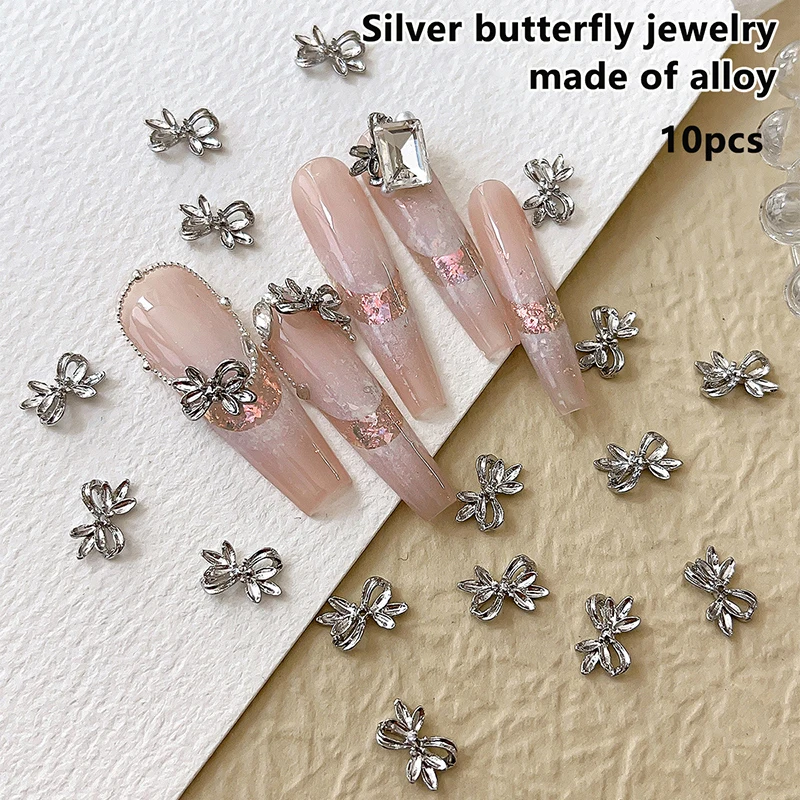 20 piezas de aleación de plata con lazo para uñas, cinta de lujo, alas de mariposa, diamantes de imitación de Metal para decoración de uñas, accesorios de manicura