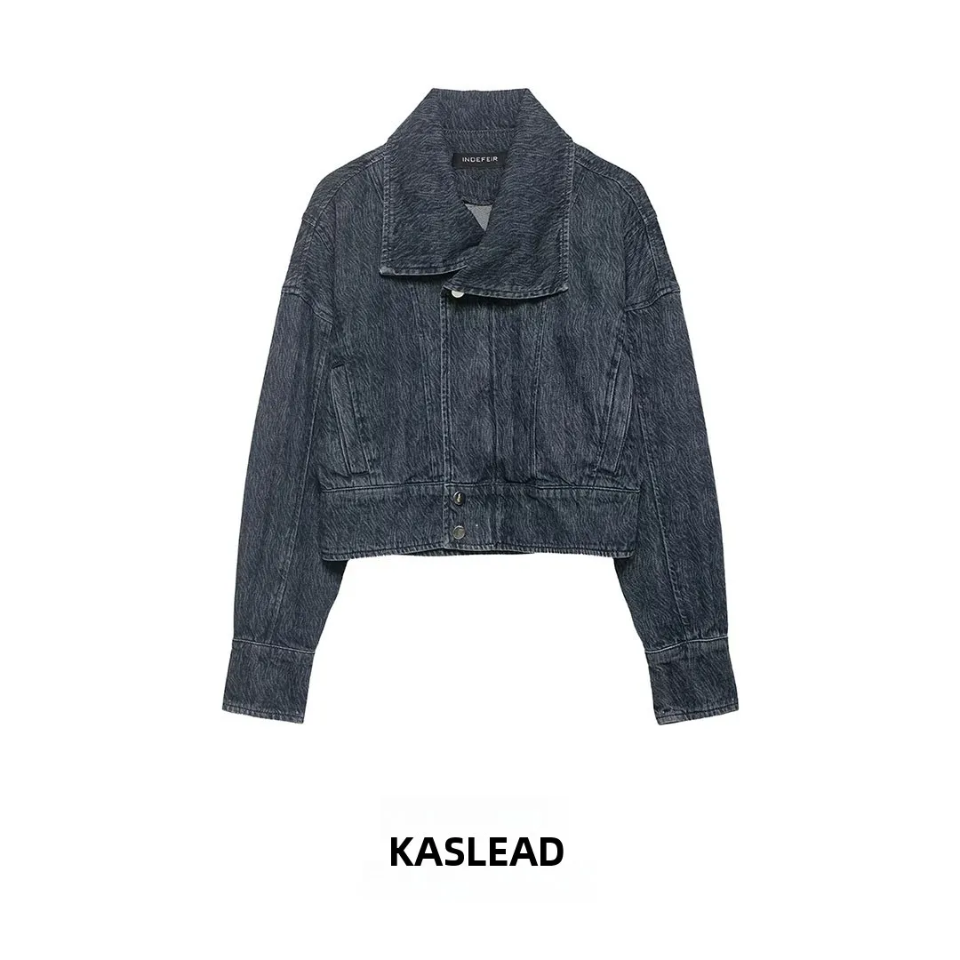 

KASLEAD New Women's Fashion Simple Short Denim Jacket Outerwear Street Style Long Sleeve Button Closure Polyester Fiber