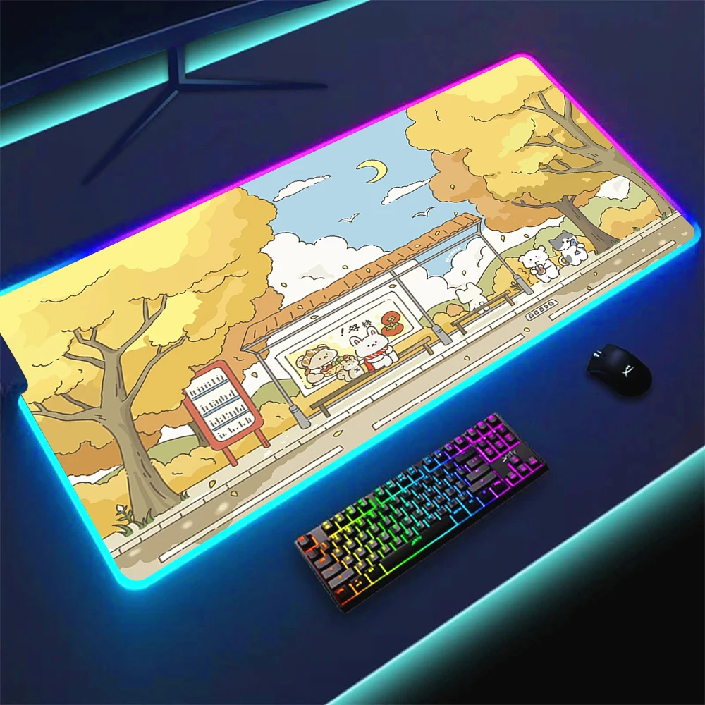 Alfombrilla de ratón impermeable RGB con estampado HD, alfombrilla de ratón para ordenador portátil de oficina Kawaii de conejo, alfombrilla de goma para teclado de ordenador LED de 900x400