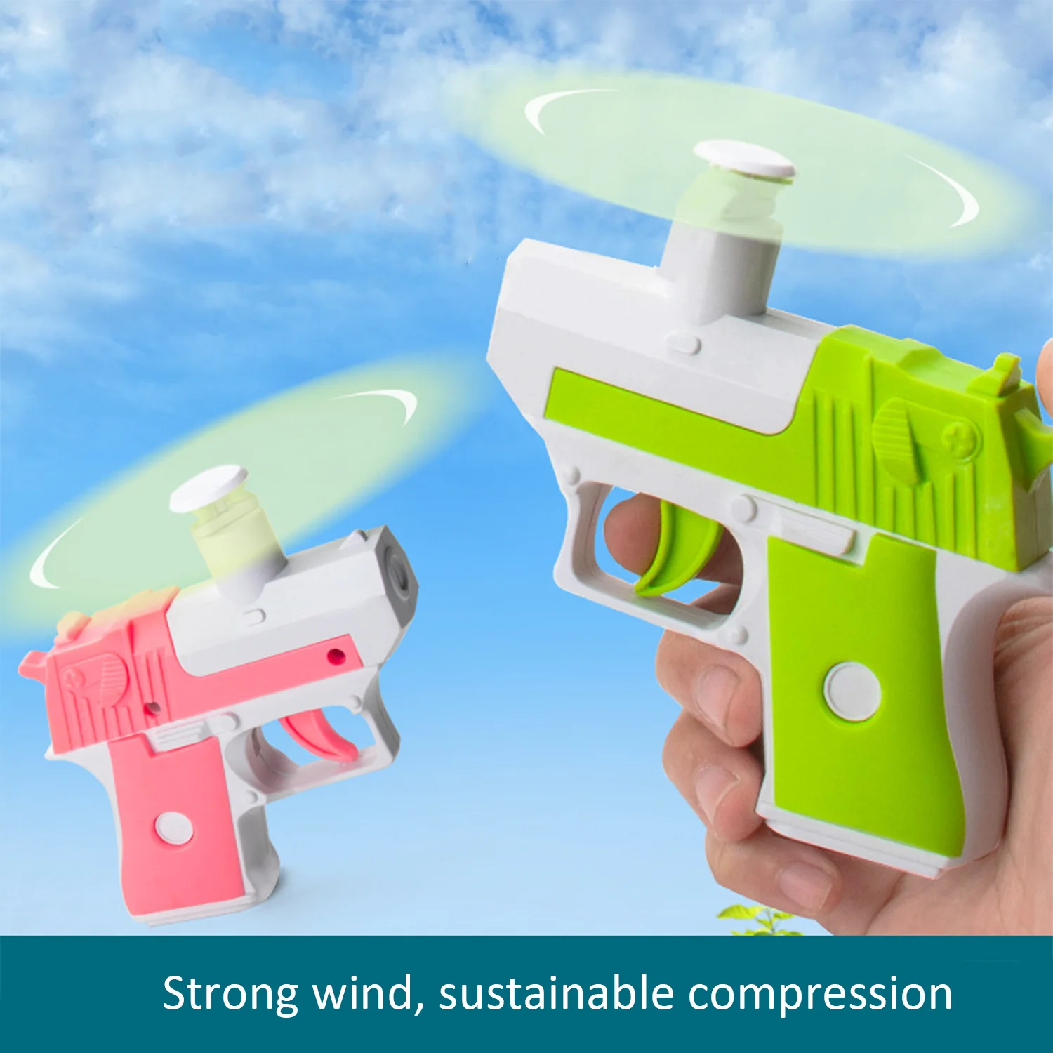 Creative manual portable handheld fan gun toy, a new and unique handgun toy that can press and blow the fan