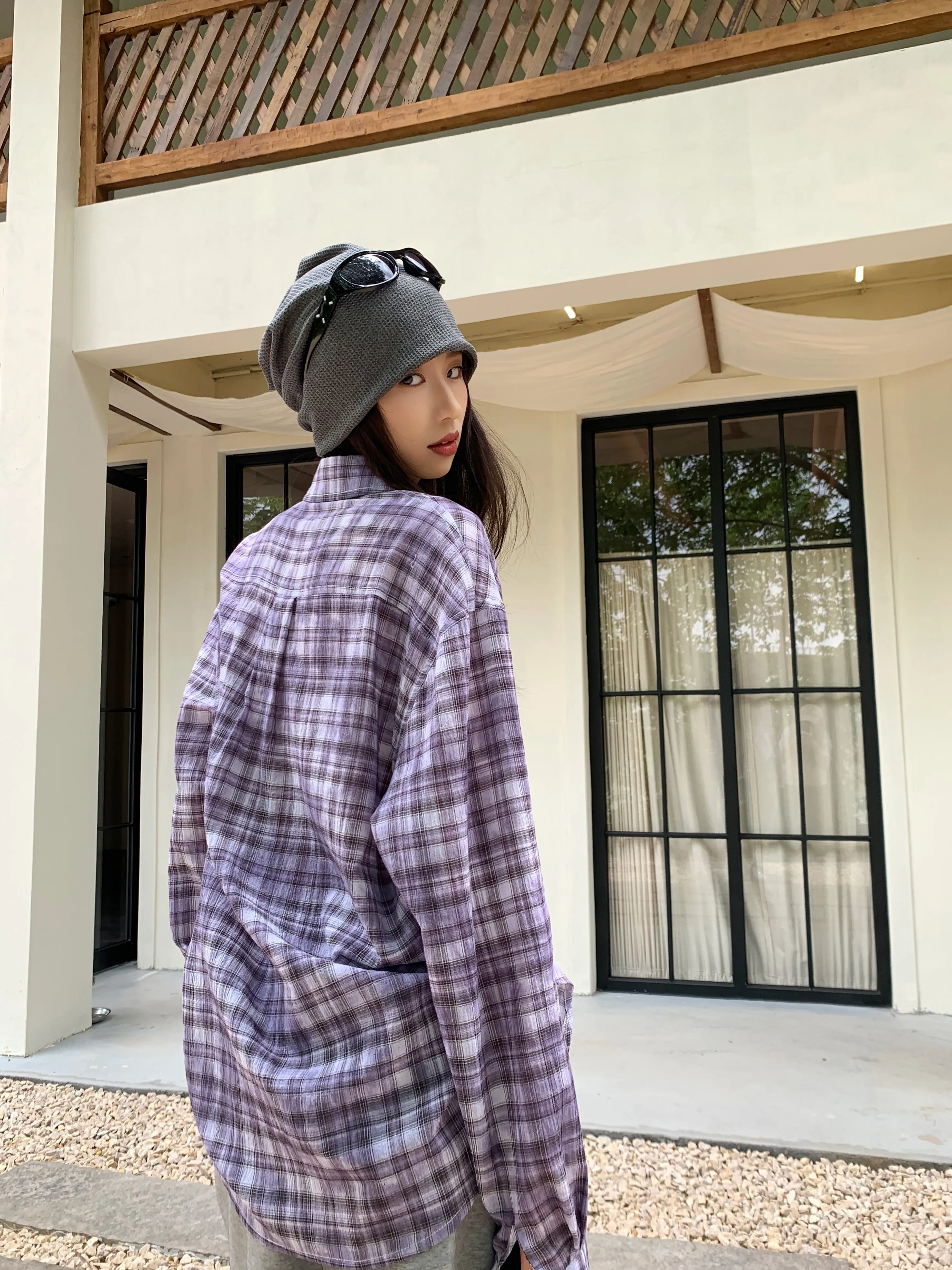 

NUOMICI Women's sun-protective purple-blue plaid shirt, spring/summer loose American style, long-sleeved versatile jacket/shirt.
