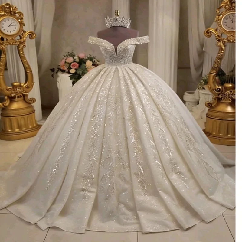 

Custom Luxury Off Shoulder Sparkly Sequin Ball Gown Wedding Dress 2026 Cathedral Train Bridal Gown Plus Size Vestido De Novia