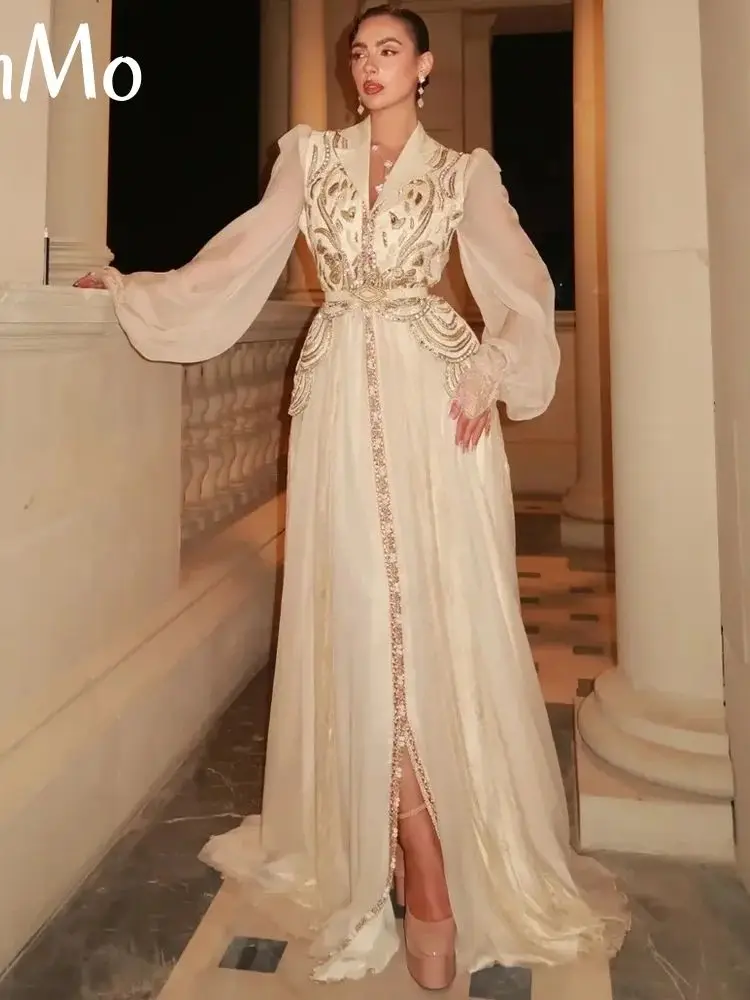 Ranmo Saudi-Arabië V-hals Avondjurk 2026 Volledige mouw Kralen A-lijn Galajurk Elegante formele gelegenheid Lange jurk Op maat gemaakt - afbeelding 2